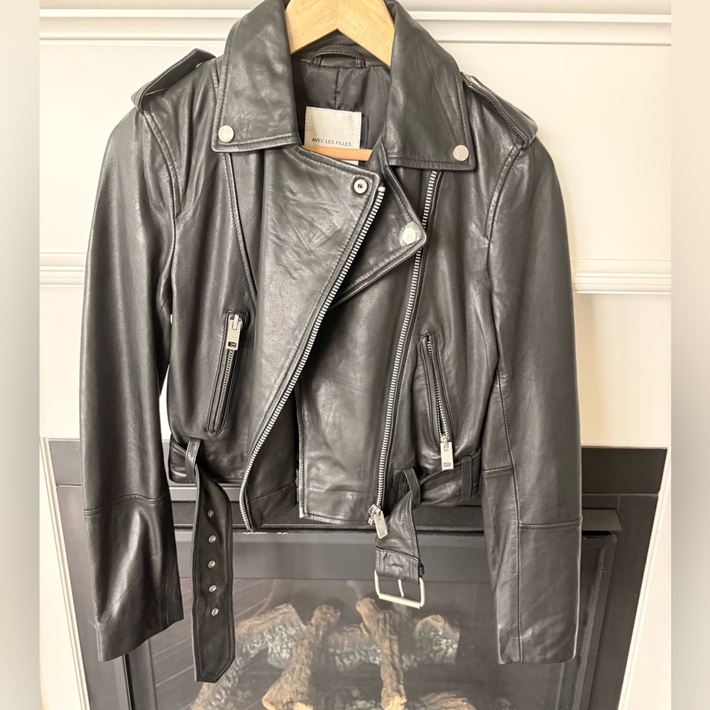 Avec Les Filles Black Leather Biker Jacket with Belt